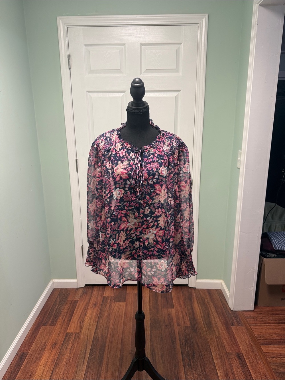 Philosophy Pink Floral Tie-Neck Sheer Blouse on Navy